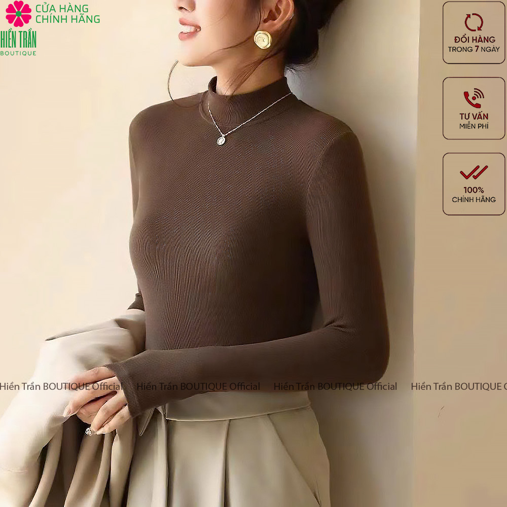 Áo giữ nhiệt nữ Hiền Trần BOUTIQUE cổ cao dài tay chất vải thun kiểu dáng ôm nhẹ phong cách thanh lịch