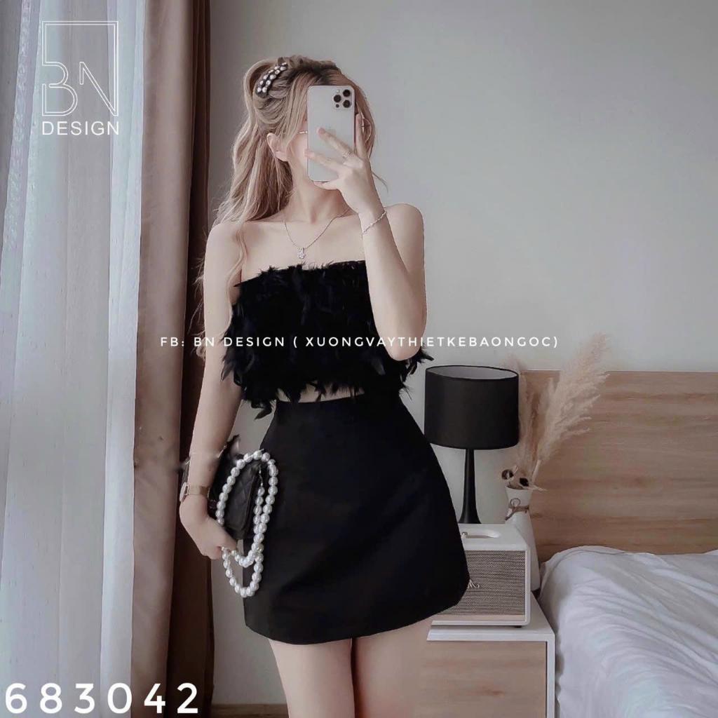 Sét đồ nữ áo lông vũ cúp ngực phối chân váy mini dáng ngắn sành điệu