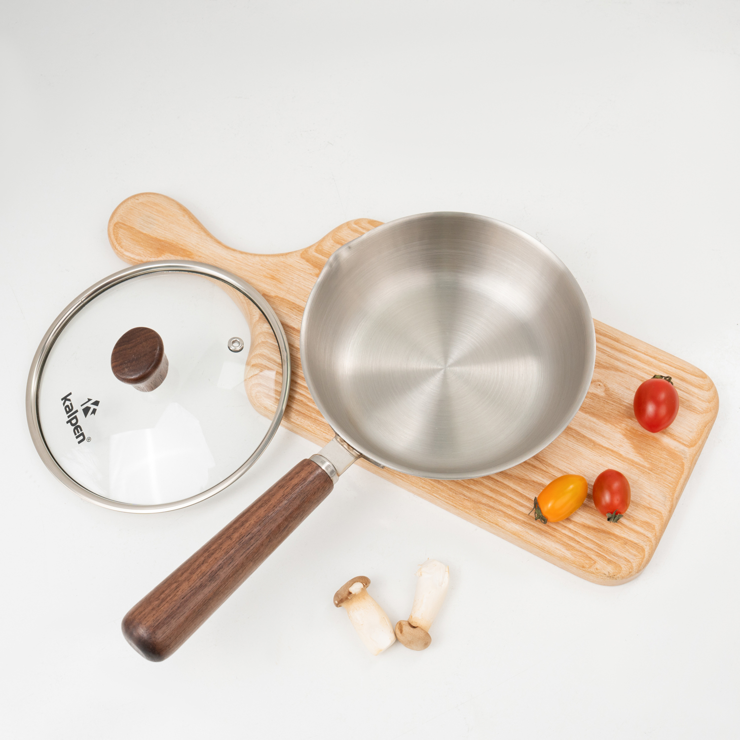 Chảo Inox 3 lớp đúc liền khối miệng rót Kalpen Rinmer 16cm kèm vung kính, bảo hành 5 năm