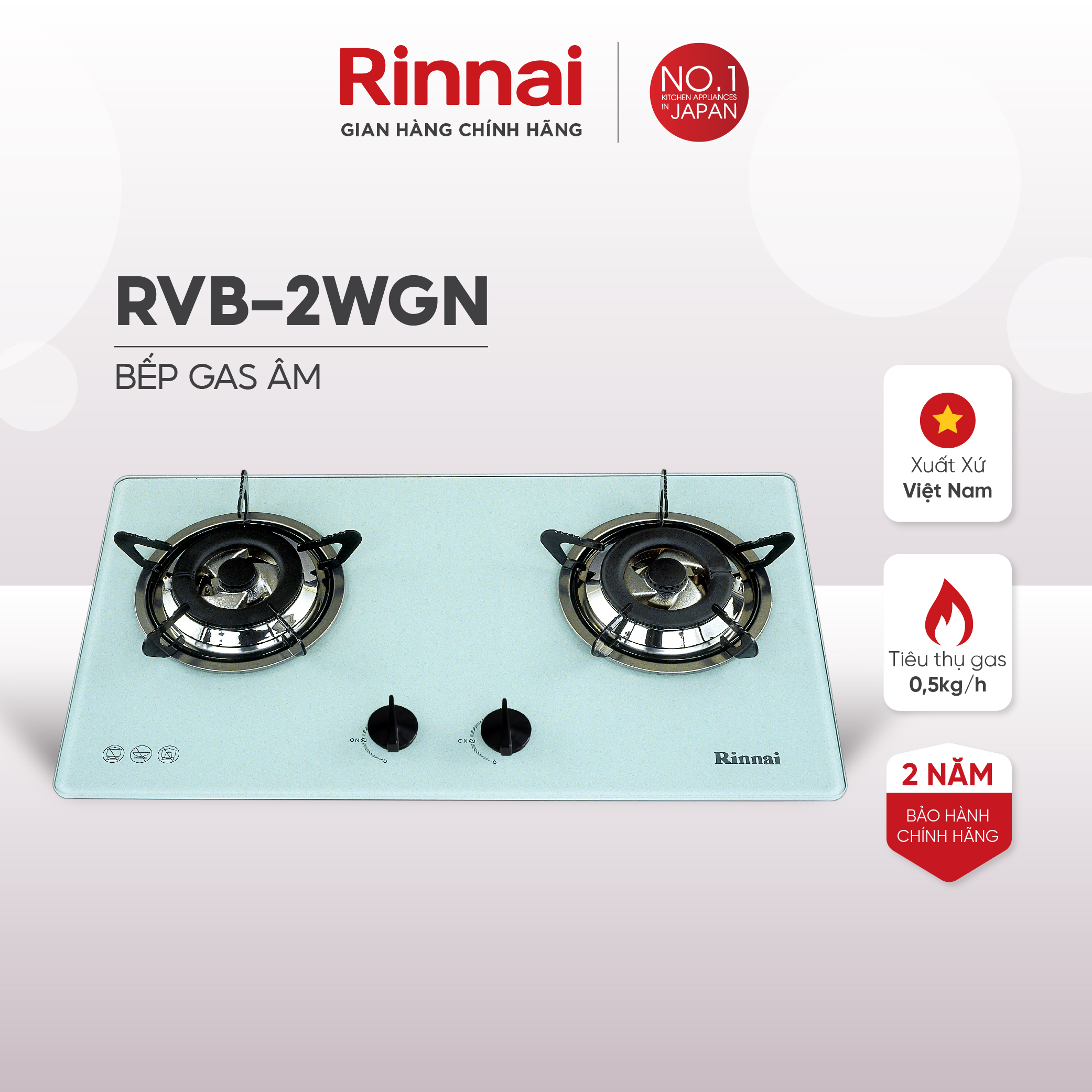 Bếp gas âm Rinnai RVB-2WGN mặt bếp kính và kiềng bếp men - Hàng chính hãng.