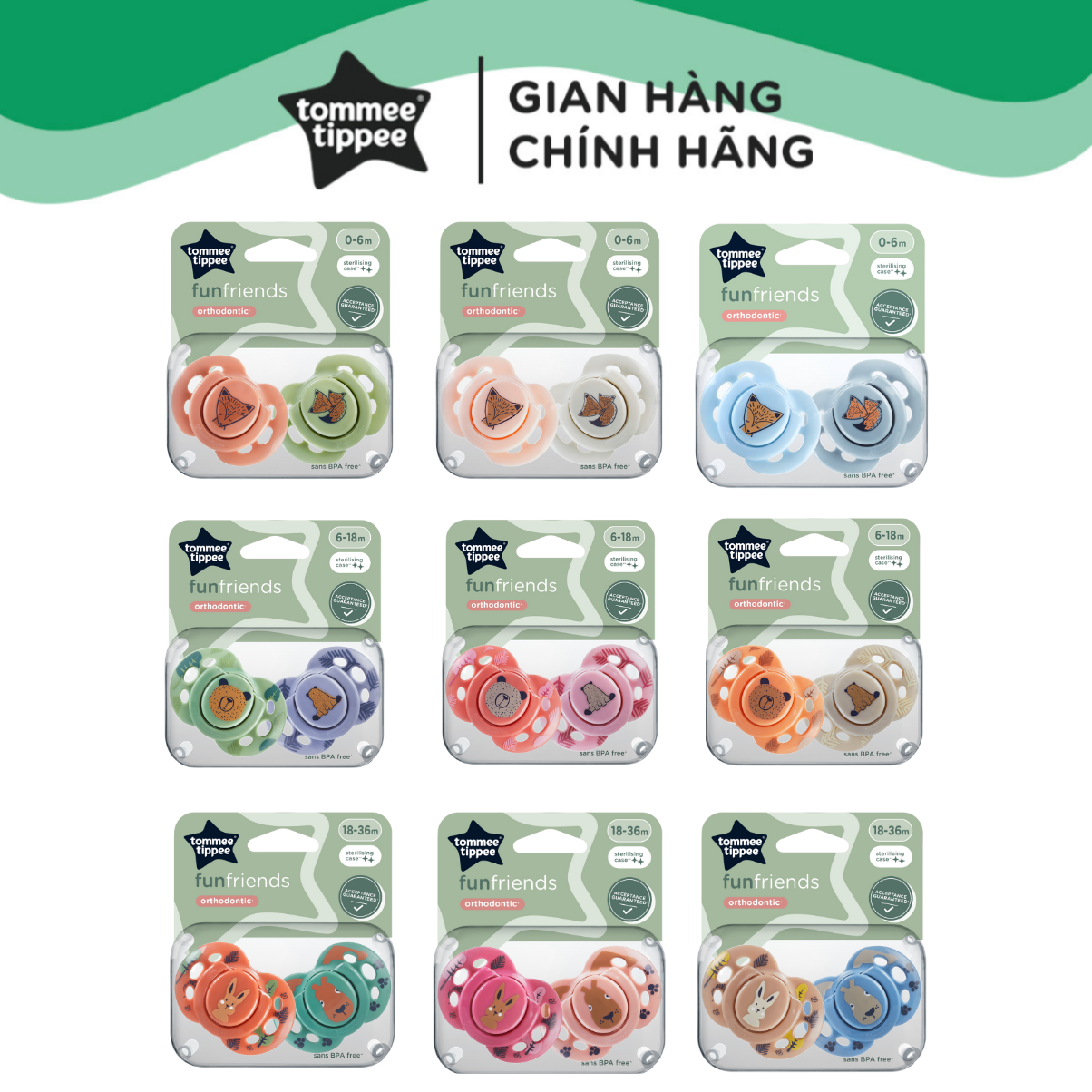 Ty Ngậm Vui Nhộn Cho Bé Tommee Tippee Fun-Friends 0-6, 6-18, 18-36 Tháng (Vỉ Đôi, Tách Lẻ)
