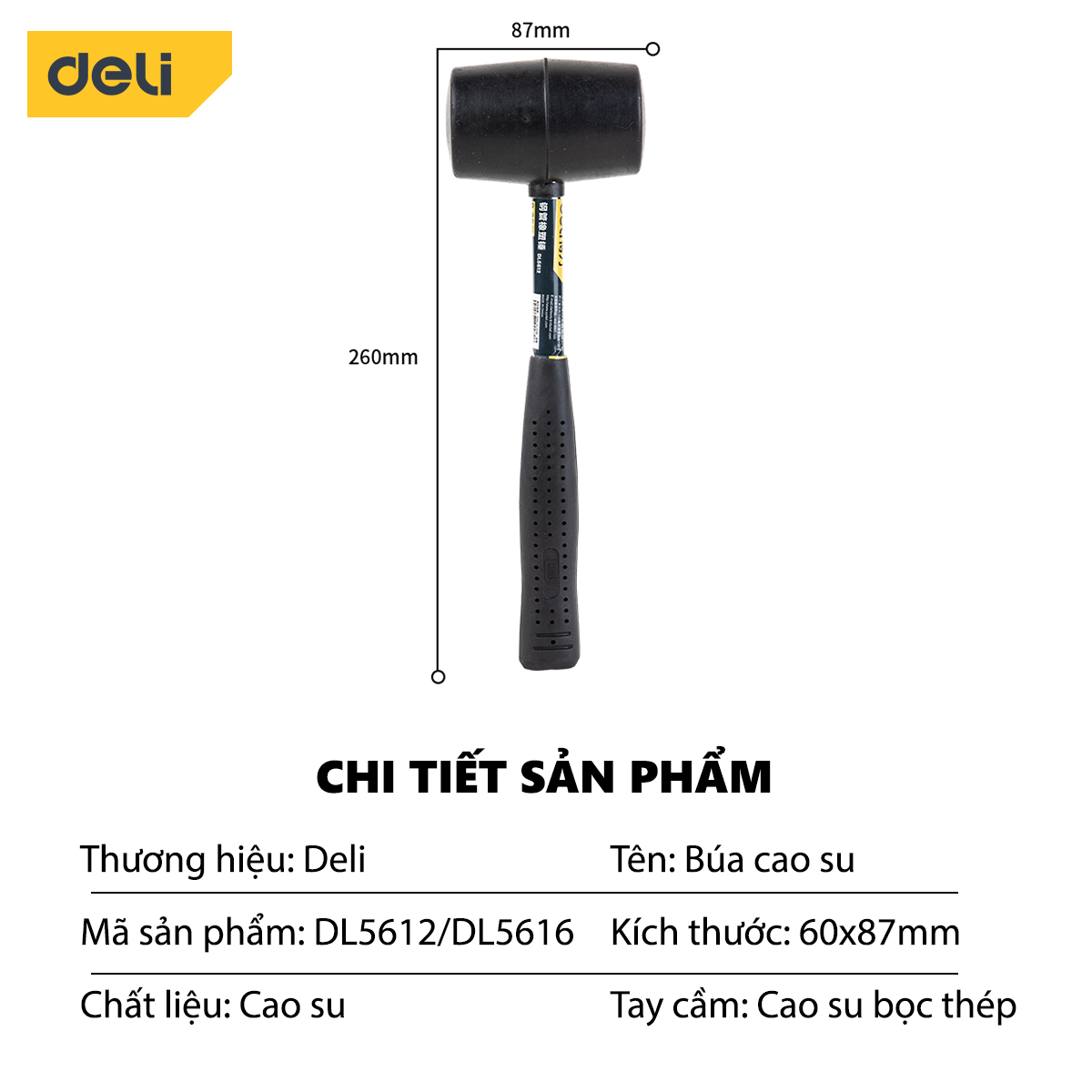 Búa Cao Su Tay Cầm Thép Deli Cao Cấp - Sử Dụng An Toàn Nhiều Bề Mặt, Tay Cầm Chống Trơn Trượt - DL5612