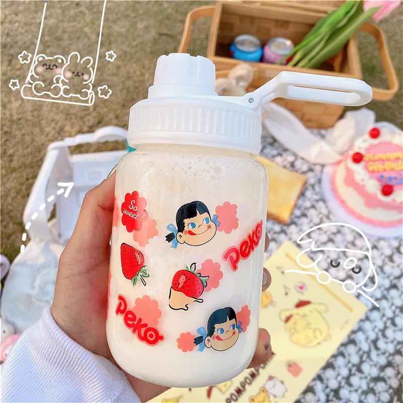 Dễ Thương Dâu Tây Bình Nước Thủy Tinh Có Ống Hút Di Động Chống Rò Rỉ Dành Cho Trẻ Em Chai Cho Trường Uống Rõ Ràng Sữa Sippy Cup