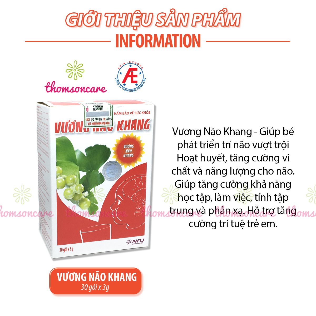 Cốm Vương Não Khang Combo Mua 6 tặng ngay 1 giúp tăng cường trí não cho bé Hộp 30 gói cốm từ thảo dược giúp trẻ tập trung, giảm tăng động