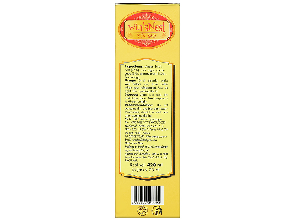 XUÂN 2025 - Yến Sào wins'Nest 25% tổ yến chưng đông trùng hạ thảo (6 Lọ x 70 ml / Hộp)