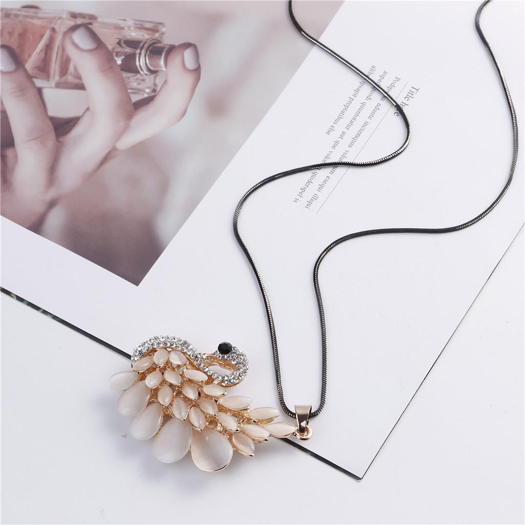Charm Opal Crystal Swan Pendant Necklace Rhinestone Sweater Chain Necklace