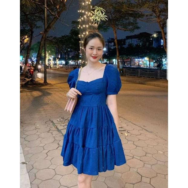 Đầm lụa xoè nhún tầng tay phồng