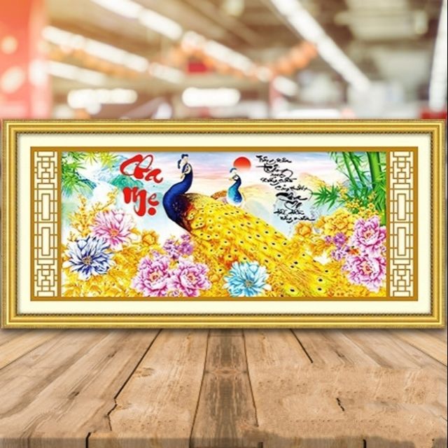 Tranh đính đá cha mẹ chim công hoa mẫu đơn VS058 - 90 x 45 cm - chưa đính