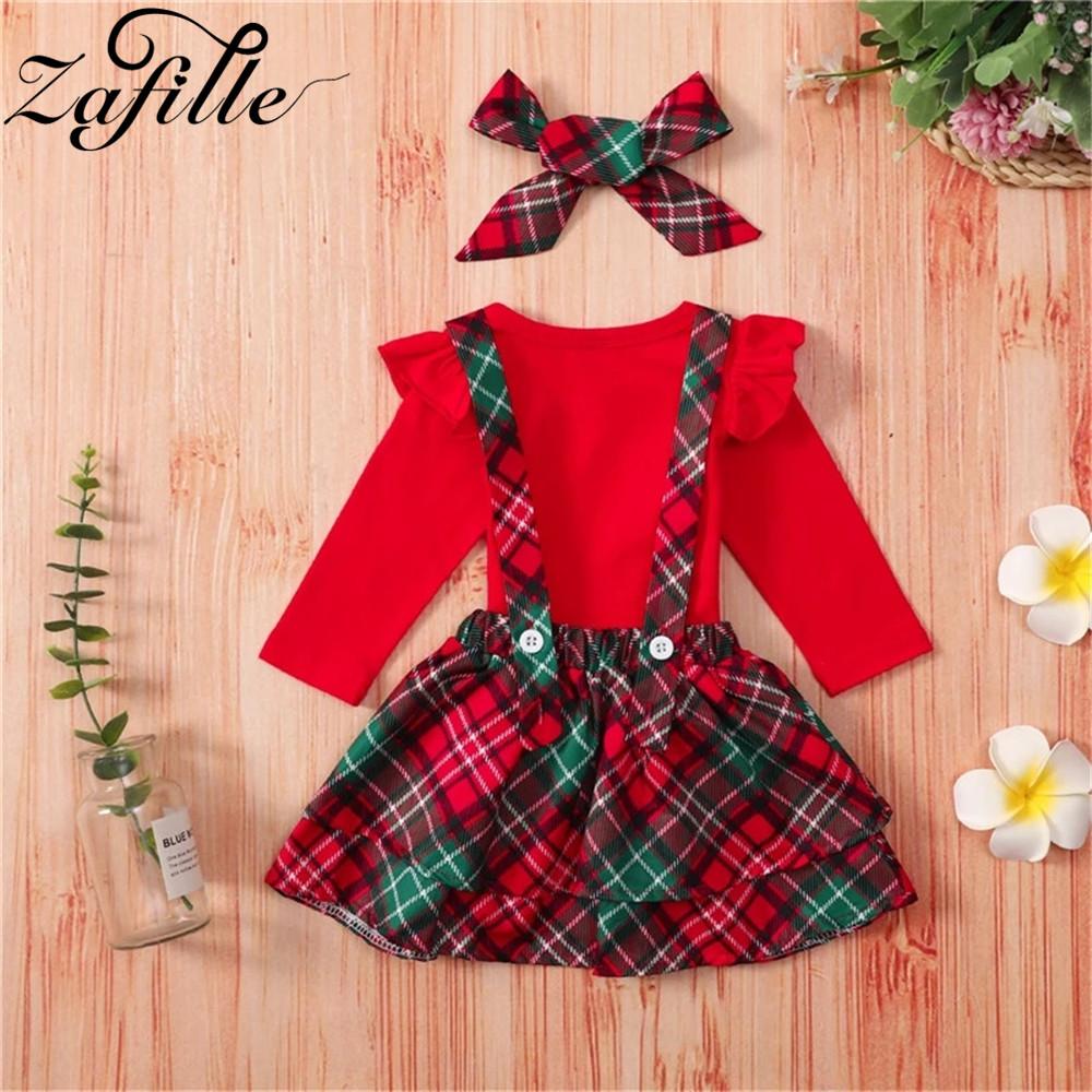 ZAFILLE Bé Gái Giáng Sinh Quần Áo Đỏ Áo Liền Quần Bodysuit + Nơ Kẻ Sọc Váy Của Tôi Mới Đầu Tiên Năm Trang Phục Cho Bé Giáng Sinh Trang Phục