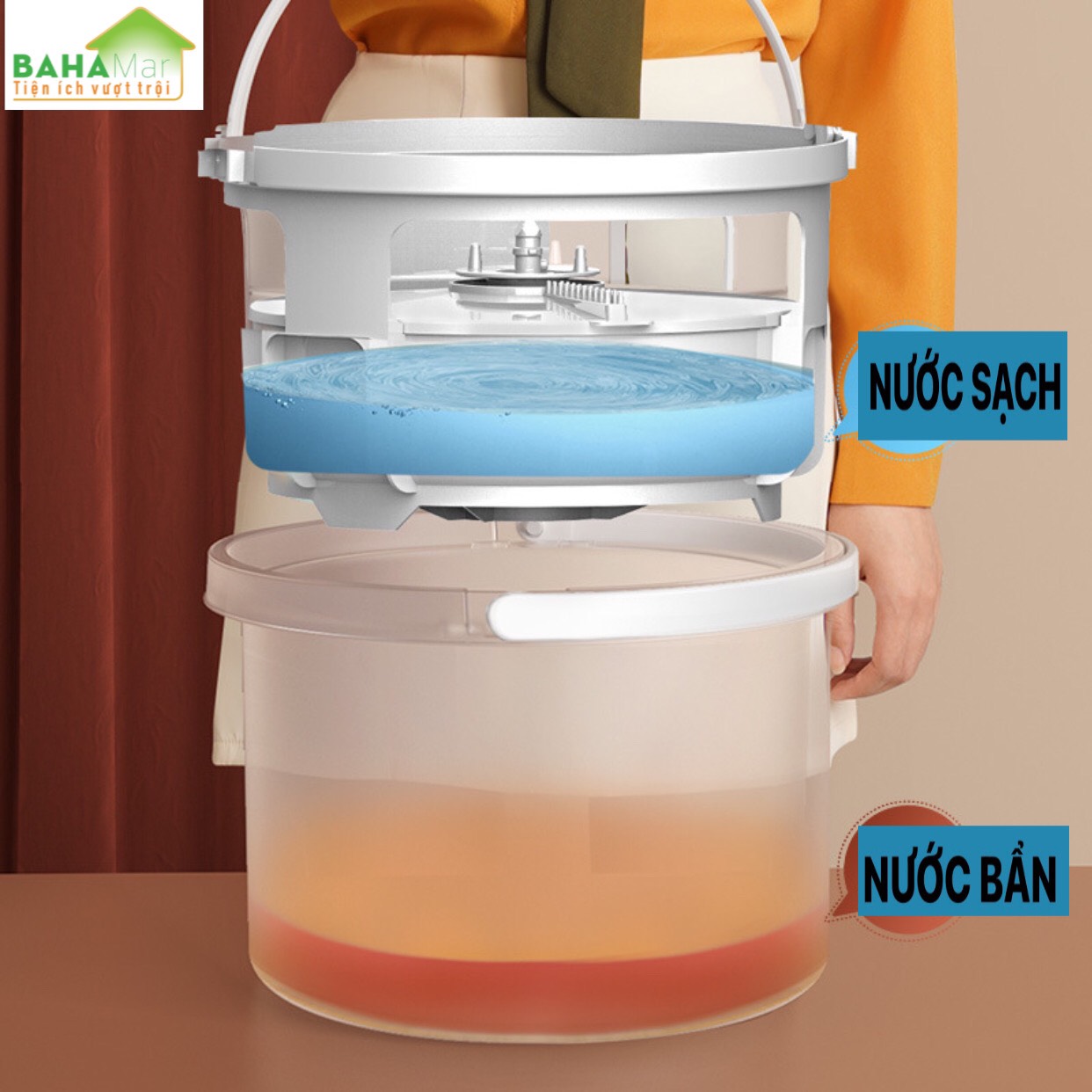BỘ CÂY LAU SÀN CHẬU GIẶT VẮT GIẺ CÓ TÁCH BỎ NƯỚC BẨN BAHAMAR thuận tiện lau và giặt giẻ