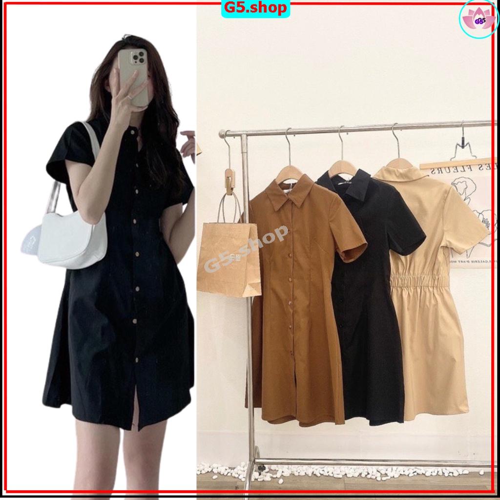 Đầm váy nữ basic Banamo fashion cổ sơ mi cài cúc chiết eo lưng chun, váy nữ cộc tay nhiều màu