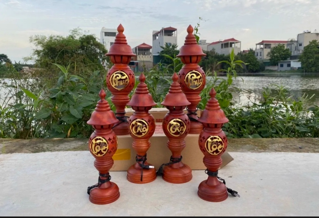 Cặp đèn thờ tổ ông Phúc Lộc Thọ nhũ vàng cao 23 cm