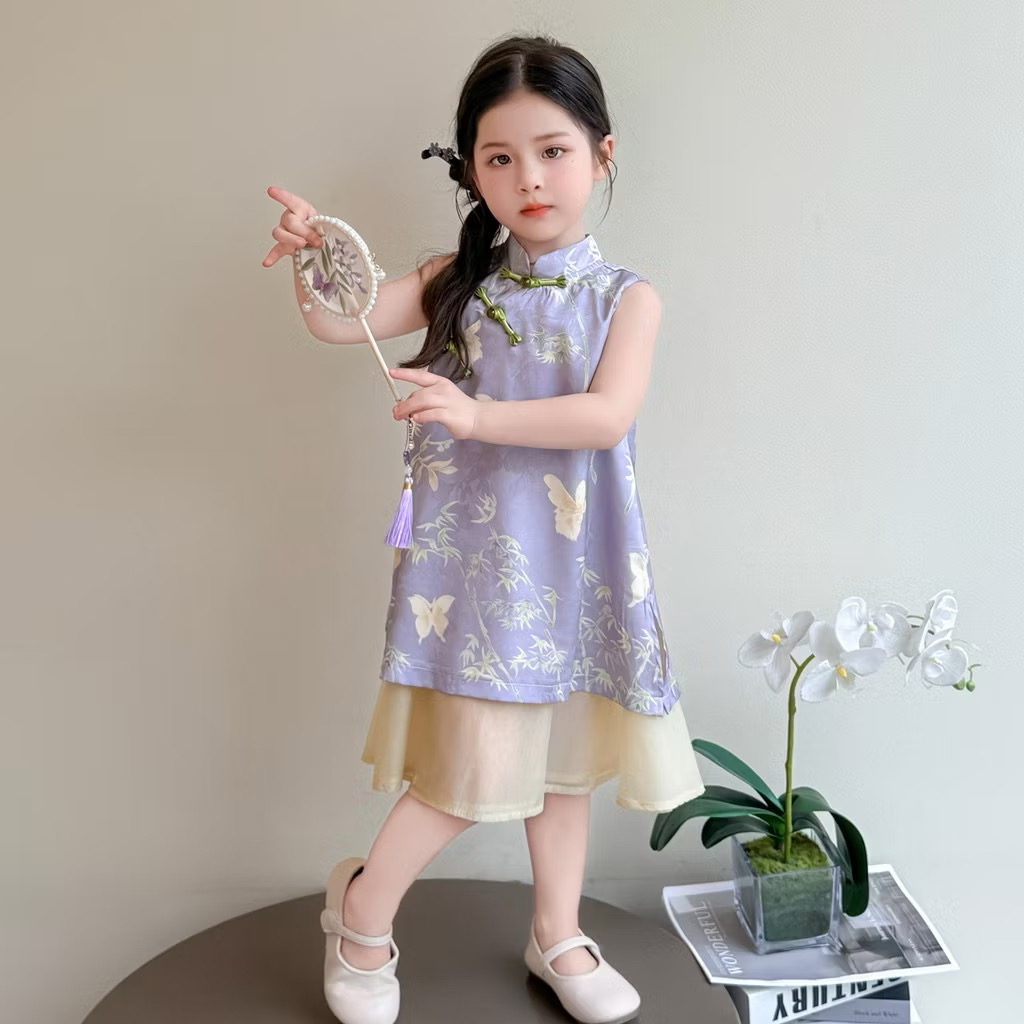 Váy Cách Tân Cổ Tàu Dáng Suông Họa Tiết Bướm Tím 1-8 Tuổi Dành Cho Bé Gái