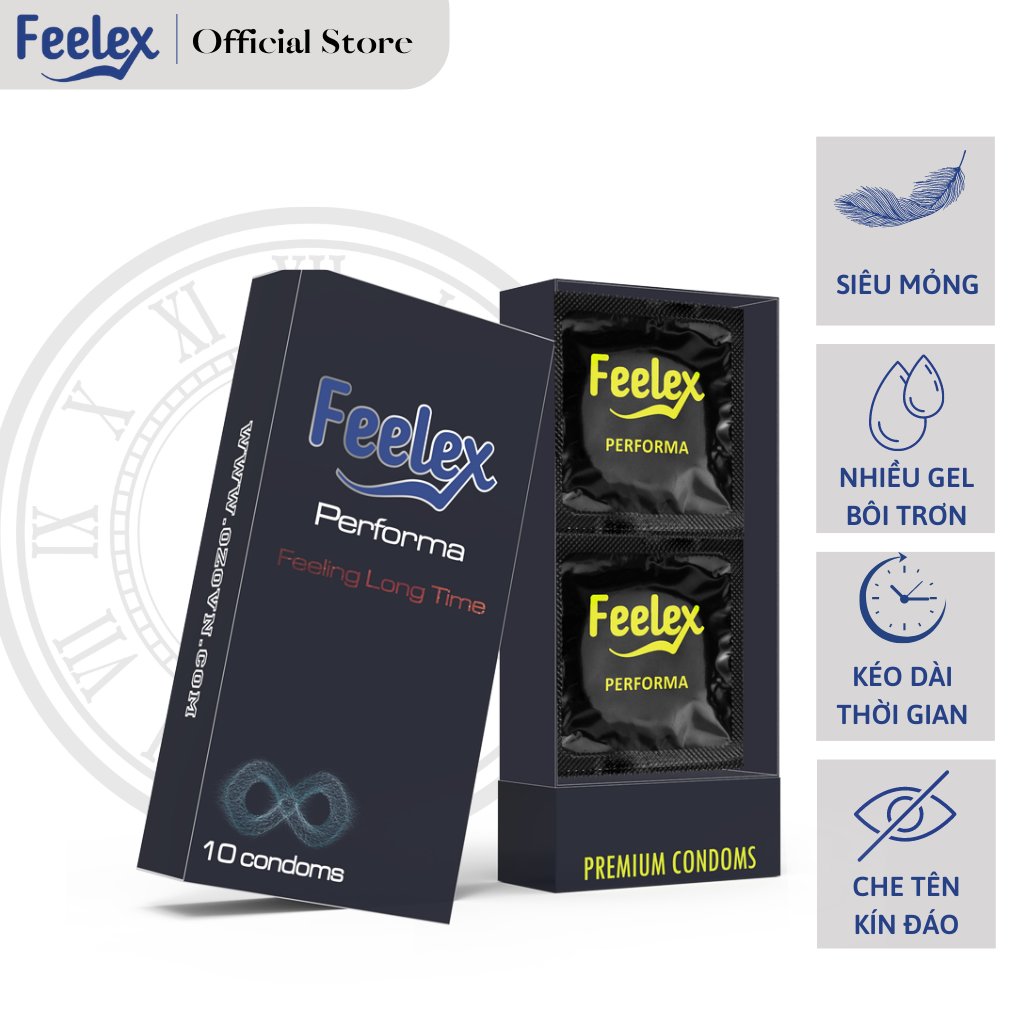 Bao cao su Feelex Performance Premium siêu mỏng, kéo dài thời gian quan hệ, hộp 10bcs