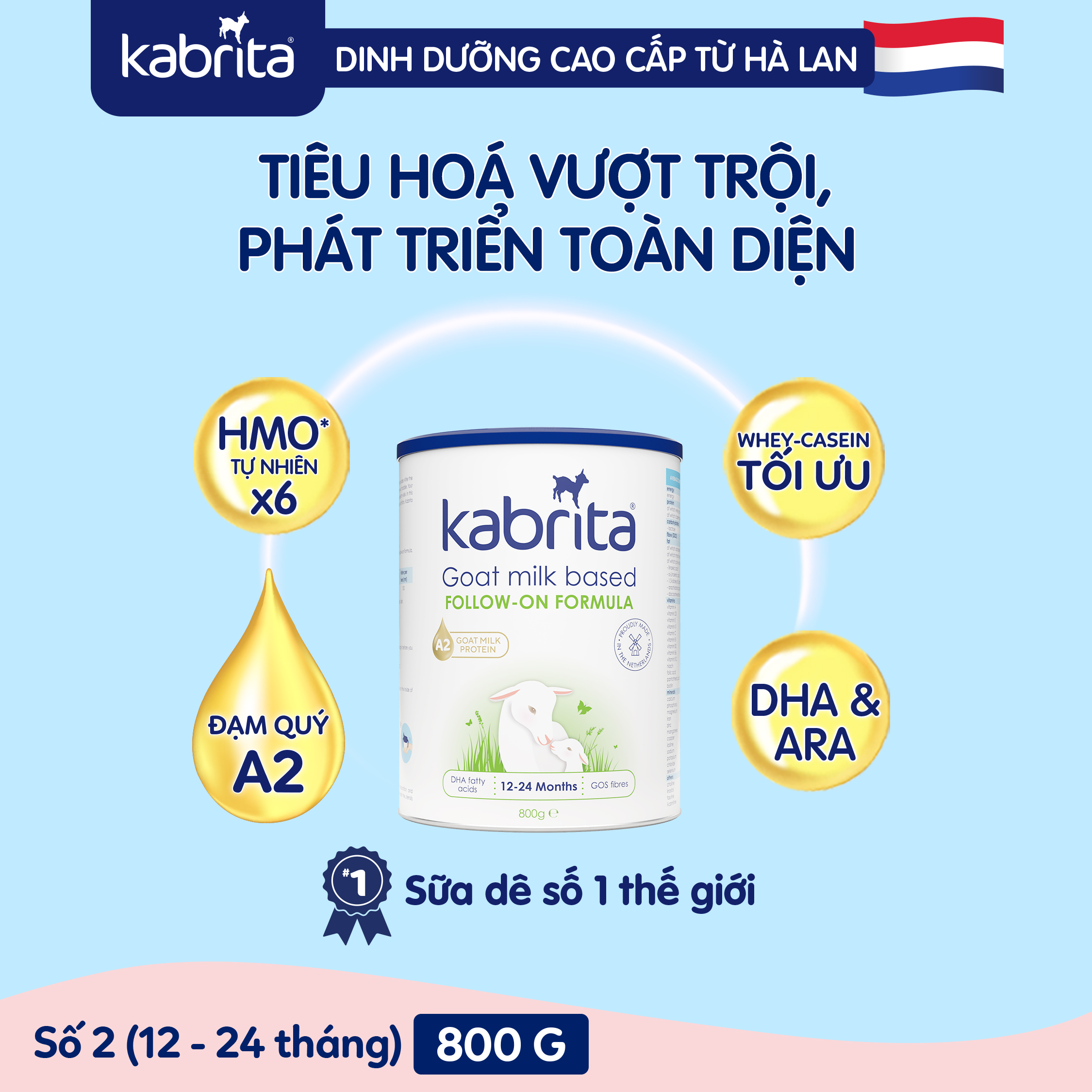 [TẶNG BALO] Sữa dê Kabrita số 2 cho trẻ từ 12- 24 tháng - Lon 800g