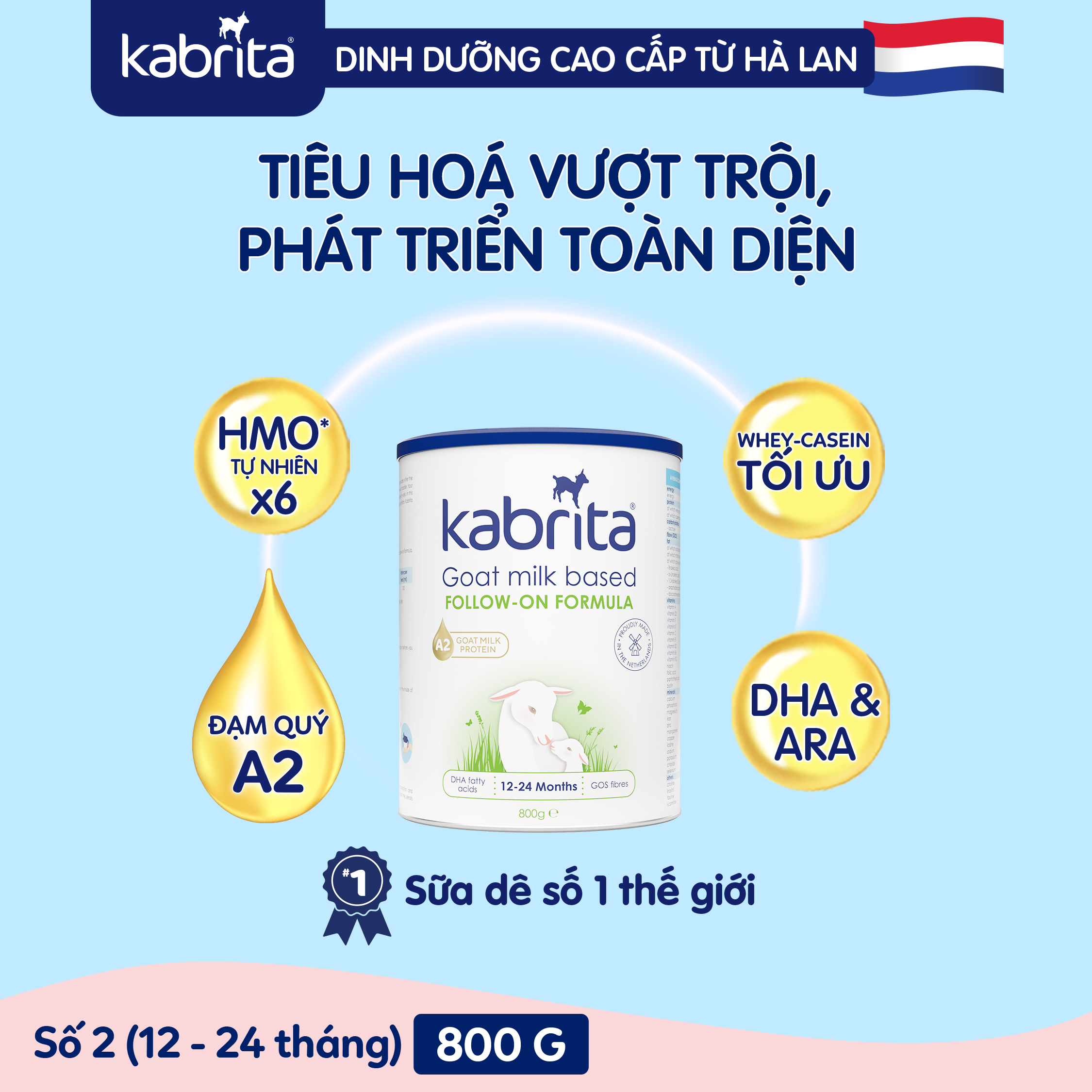 [TẶNG ĐỒ CHƠI THẢ KHỐI] Sữa dê Kabrita số 2 cho trẻ từ 12- 24 tháng - Lon 800g