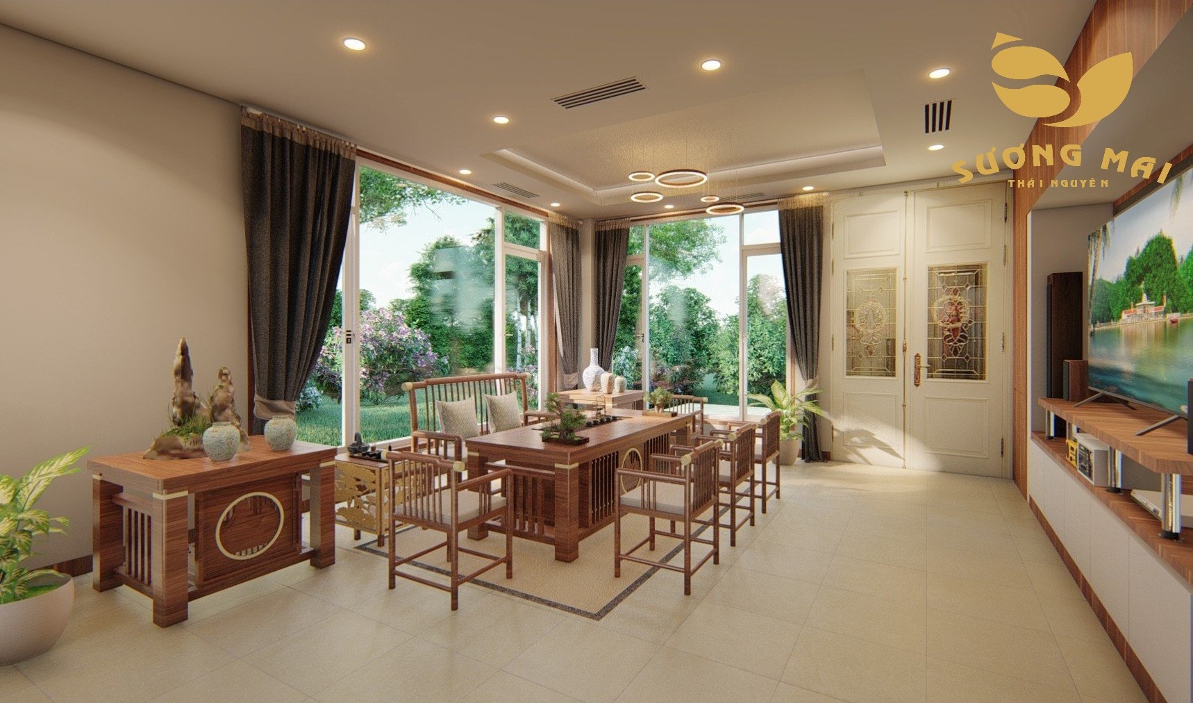 Bộ Bàn Trà Hạnh Phúc Gỗ Gõ Đỏ