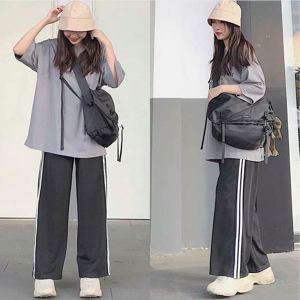 Quần thể thao 2 sọc / 3 sọc nữ ống suông rộng baggy Umi cao cấp - Quần jogger nữ 3 sọc đen dây rút học sinh