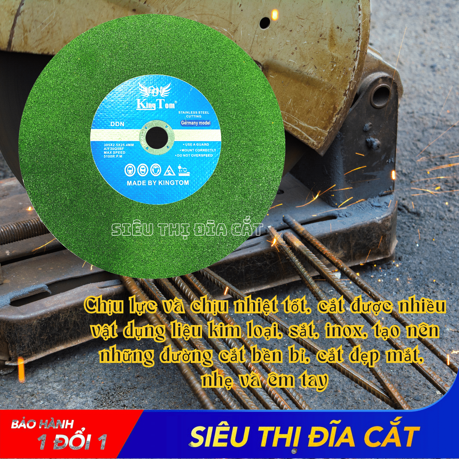 Đá Cắt KingTom Xanh 305x2.5x25.4mm - Lẻ 5 Viên - Sắc Bén, Êm Tay, Hạn Chế Bụi