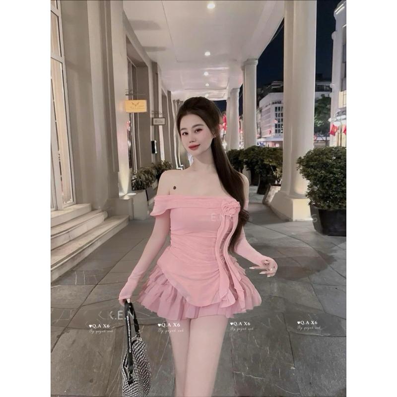 Set tiểu thư áo lưới nhúng trễ vai tà nhọn đính hoa kèm chân váy tơ tầng nhẹ nhàng hách dáng cho các nàng BY JOLIE - Hồng, Hồng