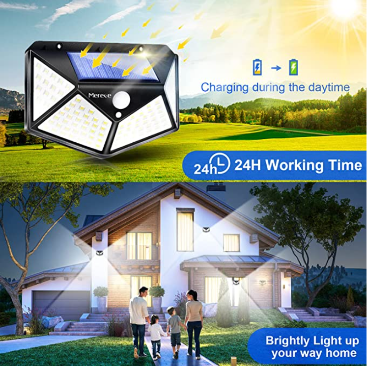 Đèn năng lượng mặt trời Solar 100 LED Công Nghệ Chống Nước IP 65, Cảm Biến Chuyển Động, 3 chế độ sáng