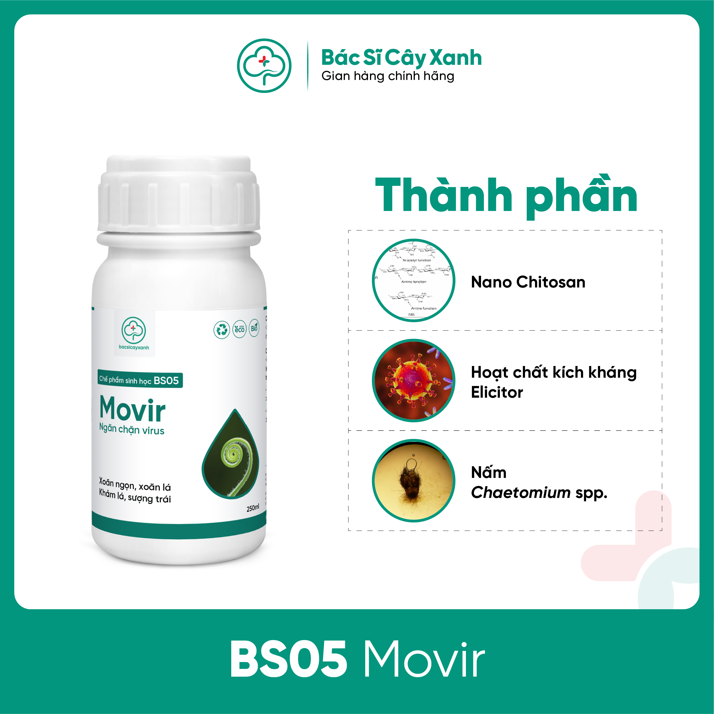 Chế phẩm phòng trị xoăn ngọn, xoăn lá, khảm lá, sượng trái, An toàn sức khoẻ BS05 Movir 100/250ml NSX Bacsicayxanh