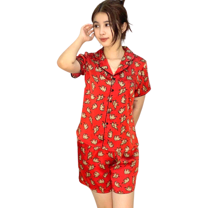 Đồ bộ pijama lụa, đồ mặc nhà nữ VILADY - B138 kiểu quần đùi tay cộc họa tiết con Voi siêu dễ thương, chất liệu lụa Pháp (lụa latin) - Màu đỏ