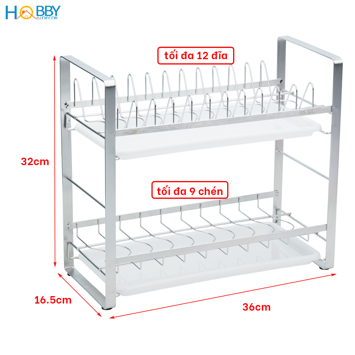 Kệ úp chén đĩa 2 tầng inox 304 có khay hứng nước Hobby home decor UCD