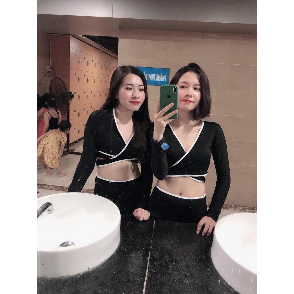 Bikini Đồ Bơi Dài Tay Viền Trắng- Savvy- Phối Quần Tam Giác Cạp Cao