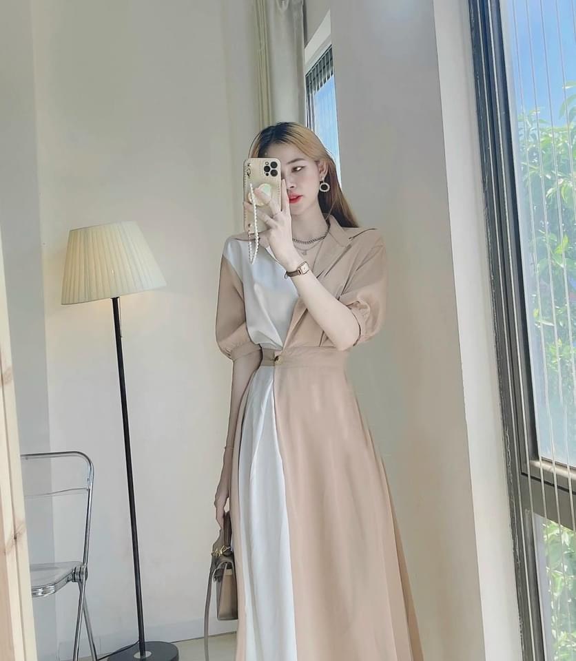 Váy phối 2 màu đai eo tay bồng cho nữ DN516