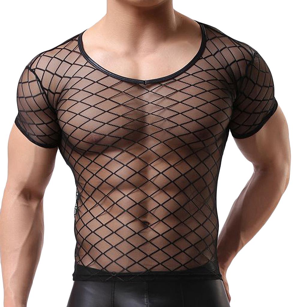 Men's Mesh Brief Sheer O-neck Short Sleeve Mesh T-Shirt Tops Set
