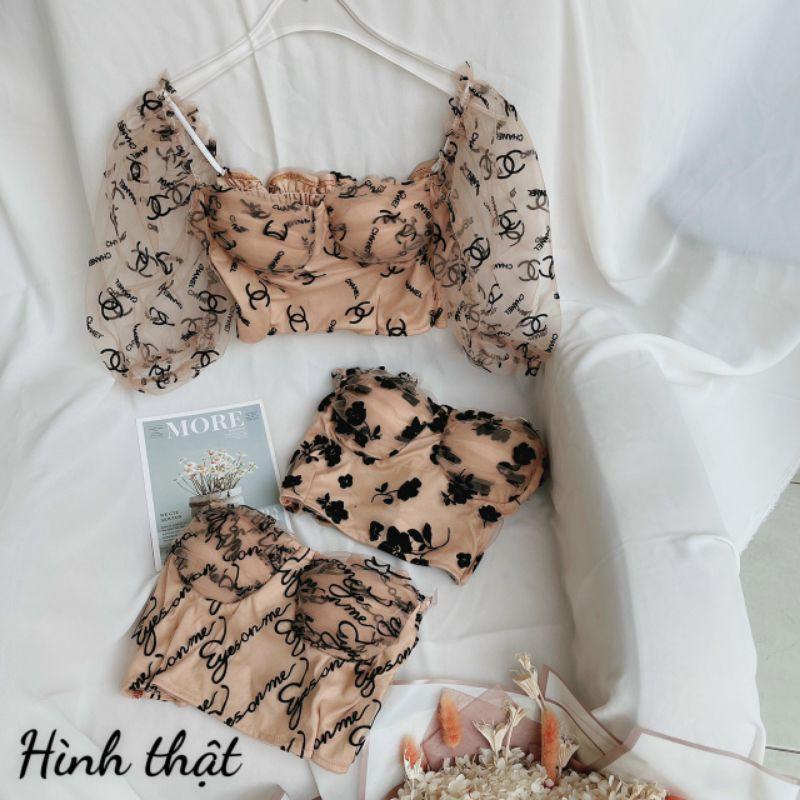 Áo croptop phối lưới ren có mút ngực