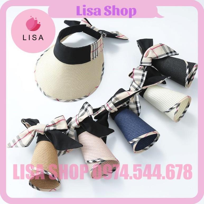 Mũ cói nửa đầu, nón cói đầu trống rộng vành gắn nơ sau phong cách Hàn Quốc Lisa, M30