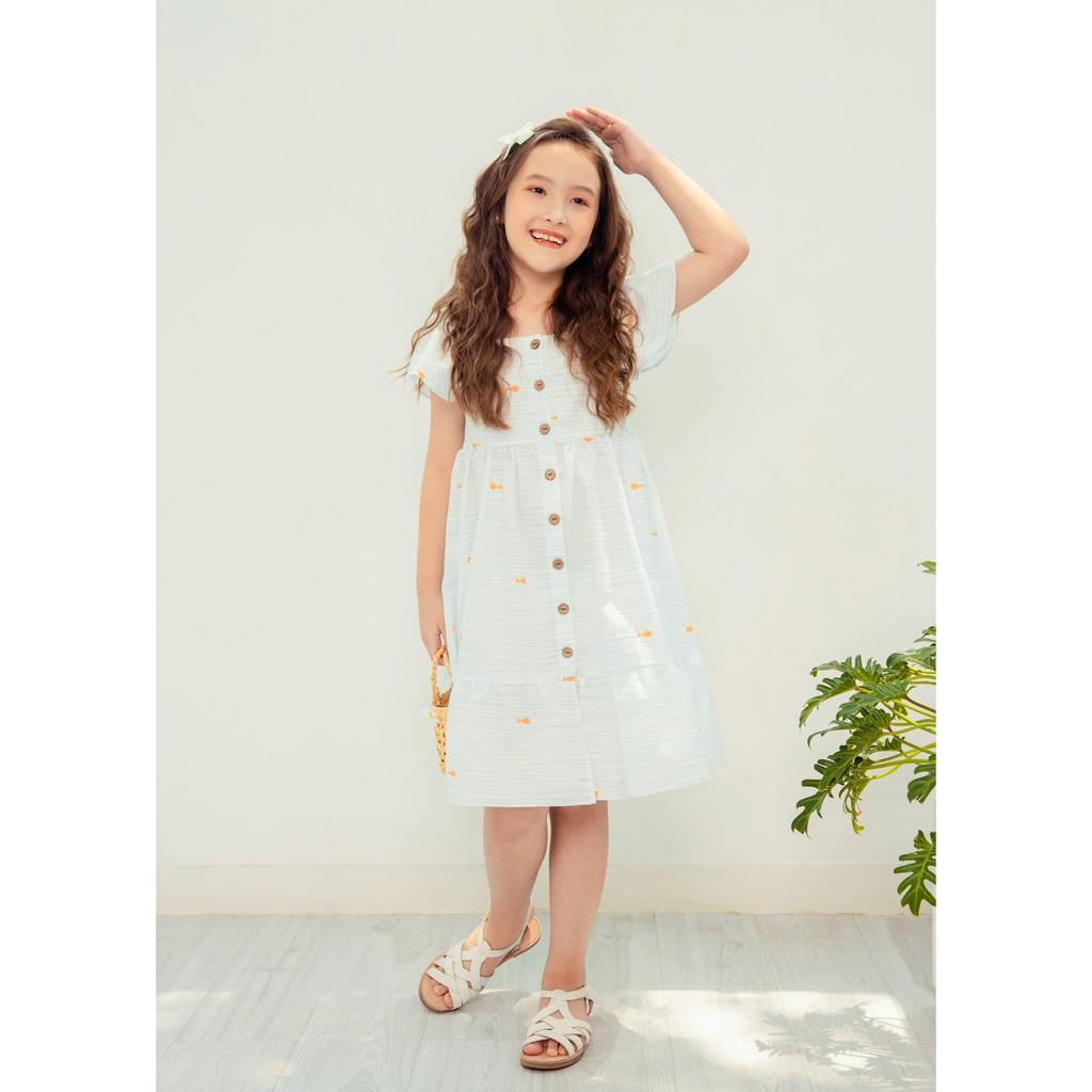 Váy đầm bé gái BYZU, chất vải cotton màu xanh biển, họa tiết cá xinh xắn