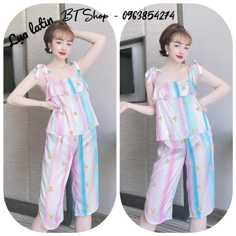 Đồ ngủ mặc nhà lụa latin cột nơ quần lững hoạ tiết freesize 42-57kg