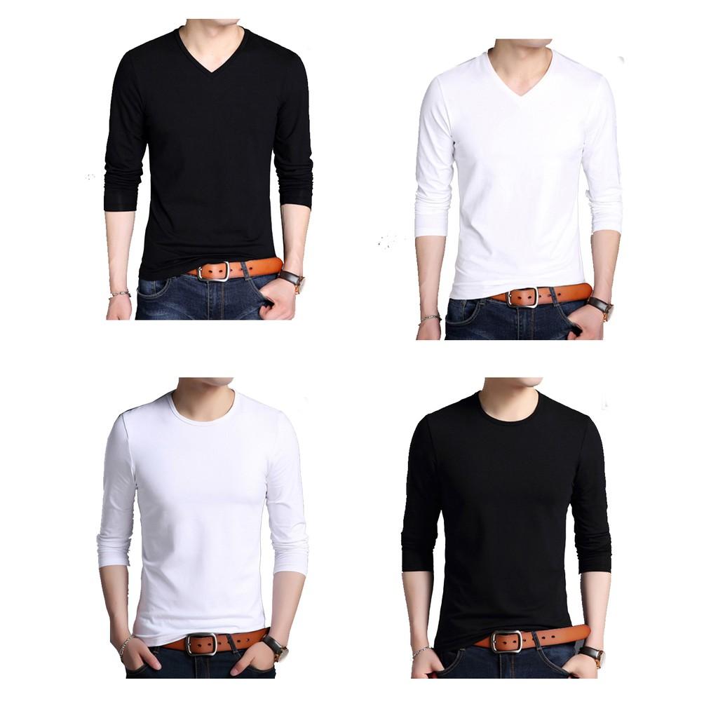 VẢI COTTON 100% ÁO THUN NAM TAY DÀI CỔ TRÒN VÀ CỔ TIM MÀU ĐEN TRẮNG THỜI TRANG