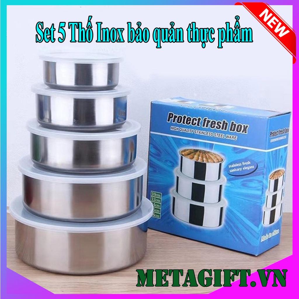 Bộ 5 hộp thố inox đựng bảo quản thực phẩm thức ăn trong tủ lạnh có nắp đậy silicon hút chân không