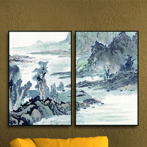 Bộ 2 Tranh Ép Gỗ MDF Phong Cảnh Núi Non W523