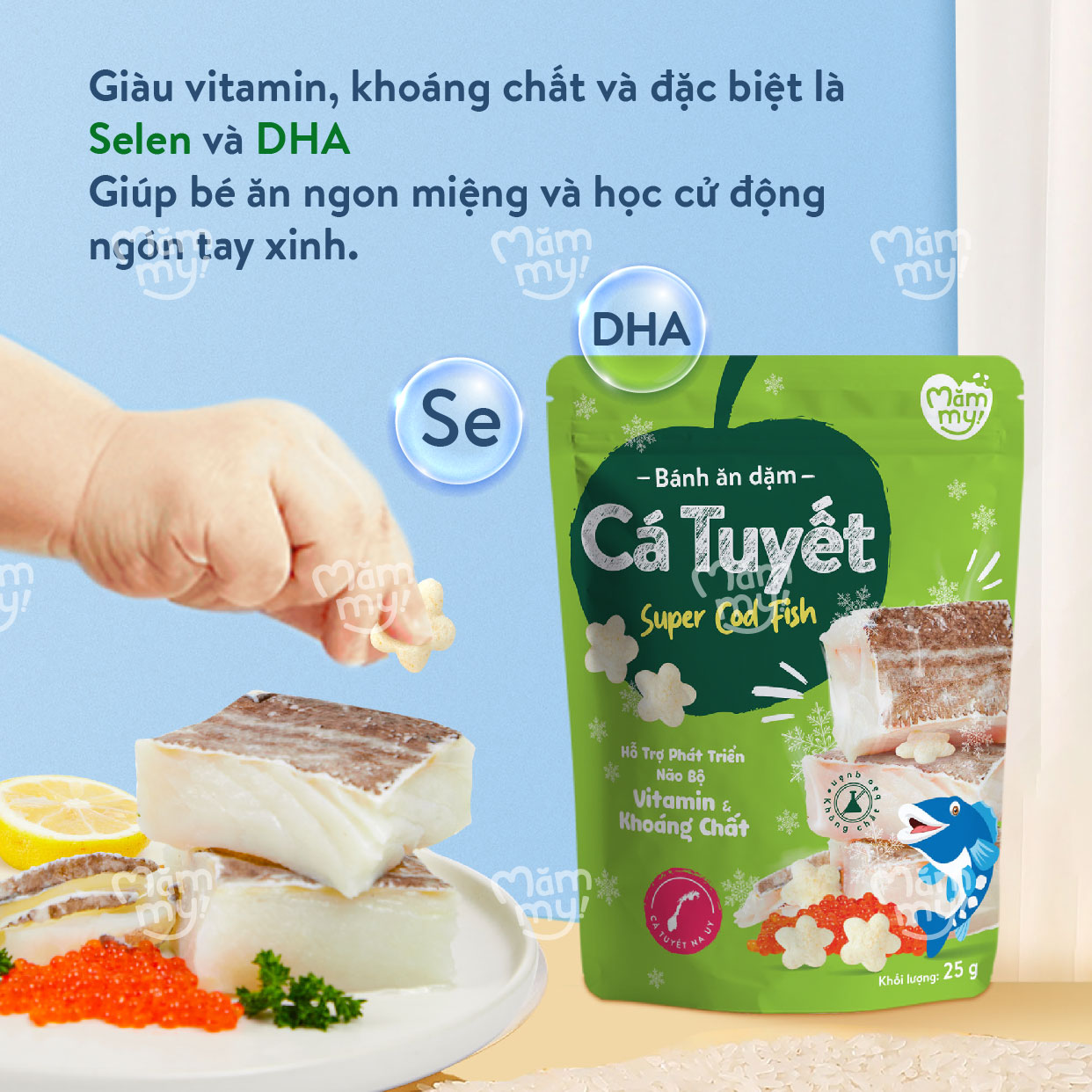 Bánh ăn dặm cho bé vị cá tuyết Mămmy giàu protein, bổ sung DHA giúp bé ăn ngon, tập cử động ngón tay vừa ăn vừa học 25 gram