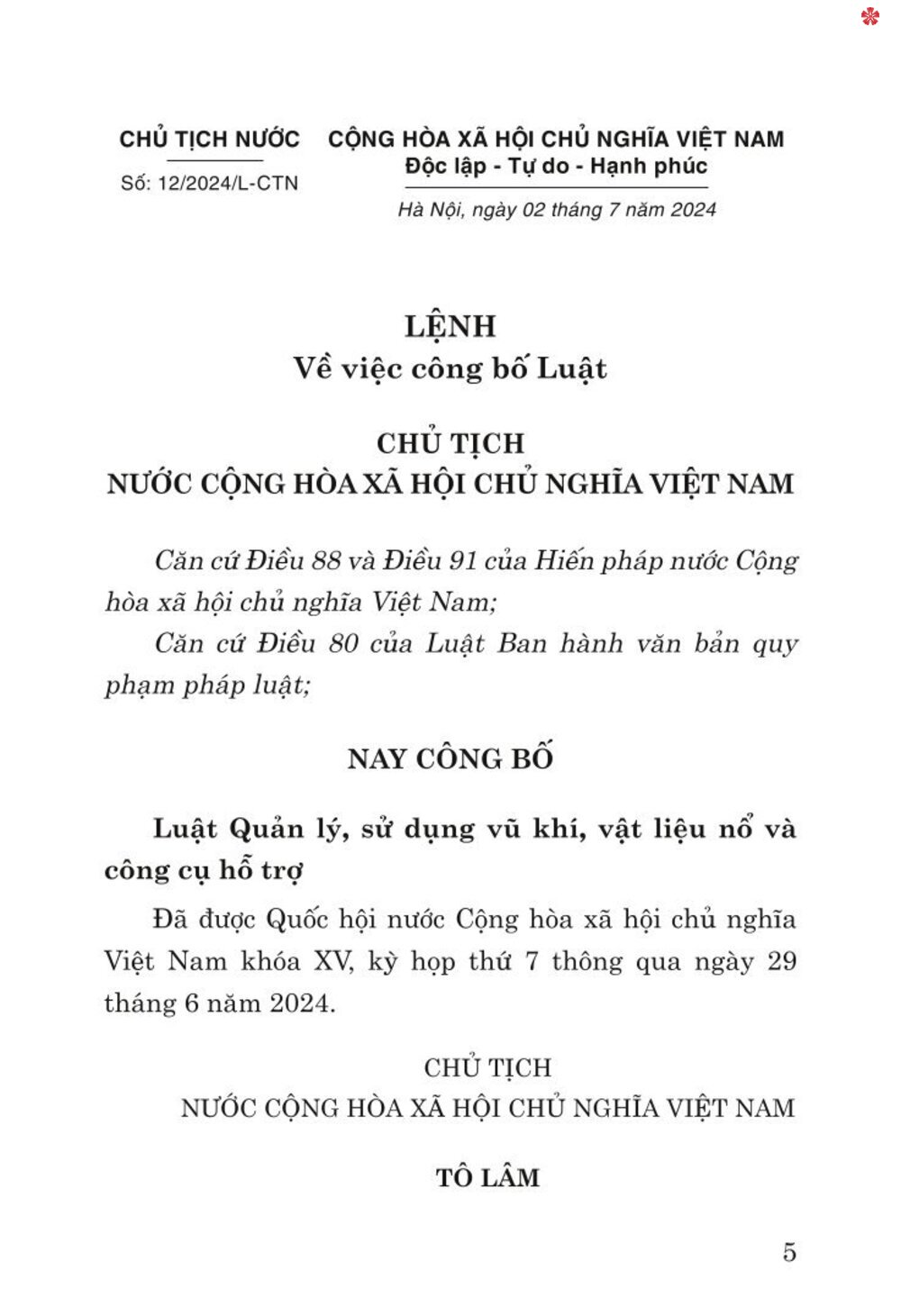 Luật quản lý, sử dụng v.ũ k.h.í vật liệu n.ổ và công cụ hỗ trợ năm 2024 - bản in 2024