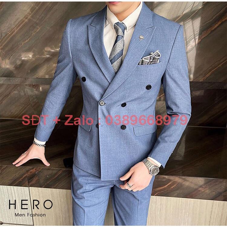 Bộ Vest Nam Cao Cấp 6 khuy màu Xanh Ngọc, Bộ suit nam 6 cúc chất vải xịn