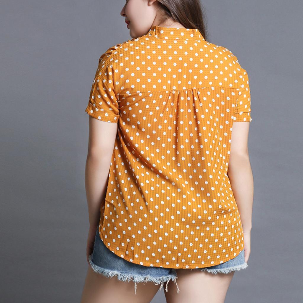Womens Plus Size Polka Dot Short Sleeve Stand Collar V Neck Flare T-Shirt Yellow