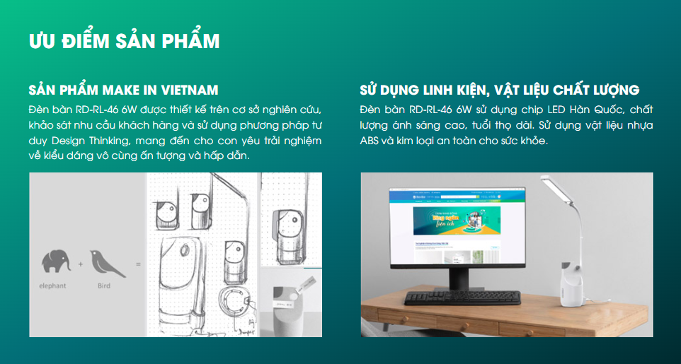 Đèn bàn, đèn học cảm ứng bảo vệ thị lực RD-RL-46, phong cách sáng tạo kết hợp hình voi và chim, cảm ứng trên thân đèn, đổi màu ánh sáng, tăng giảm cường độ sáng