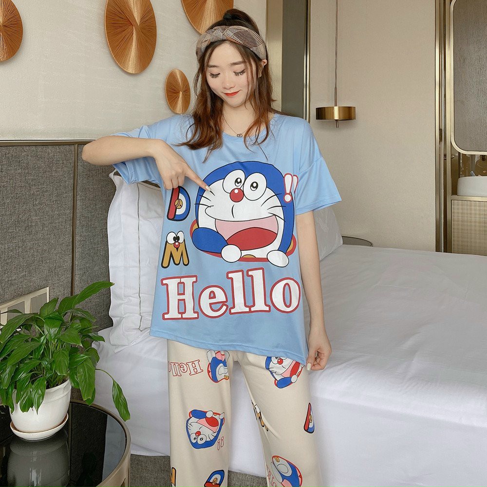 Đồ Bộ Thun Tay Dài Quảng Châu - Pijama Quần Dài - Đồ Mặc Ở Nhà Họa Tiết Hoạt Hình Dễ Thương Chú Mèo Máy