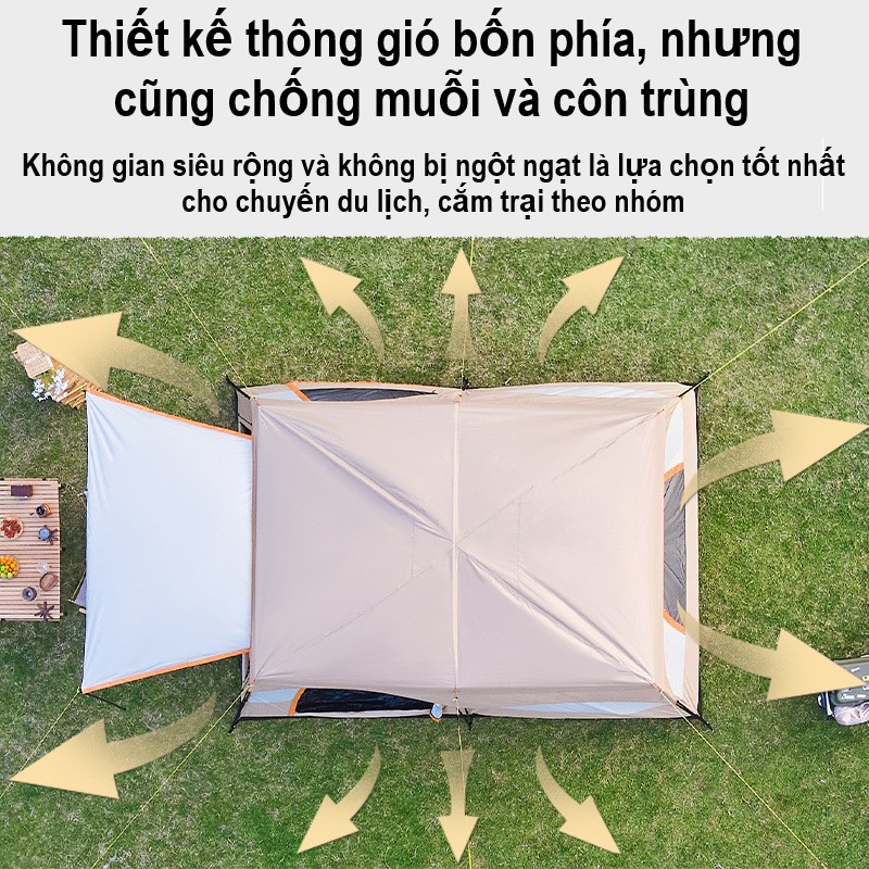 Lều trại dã ngoại cỡ lớn 8-12 người, 2 phòng ngủ và 1 phòng sảnh, Màu be nhiều lớp chống thấm cao cấp