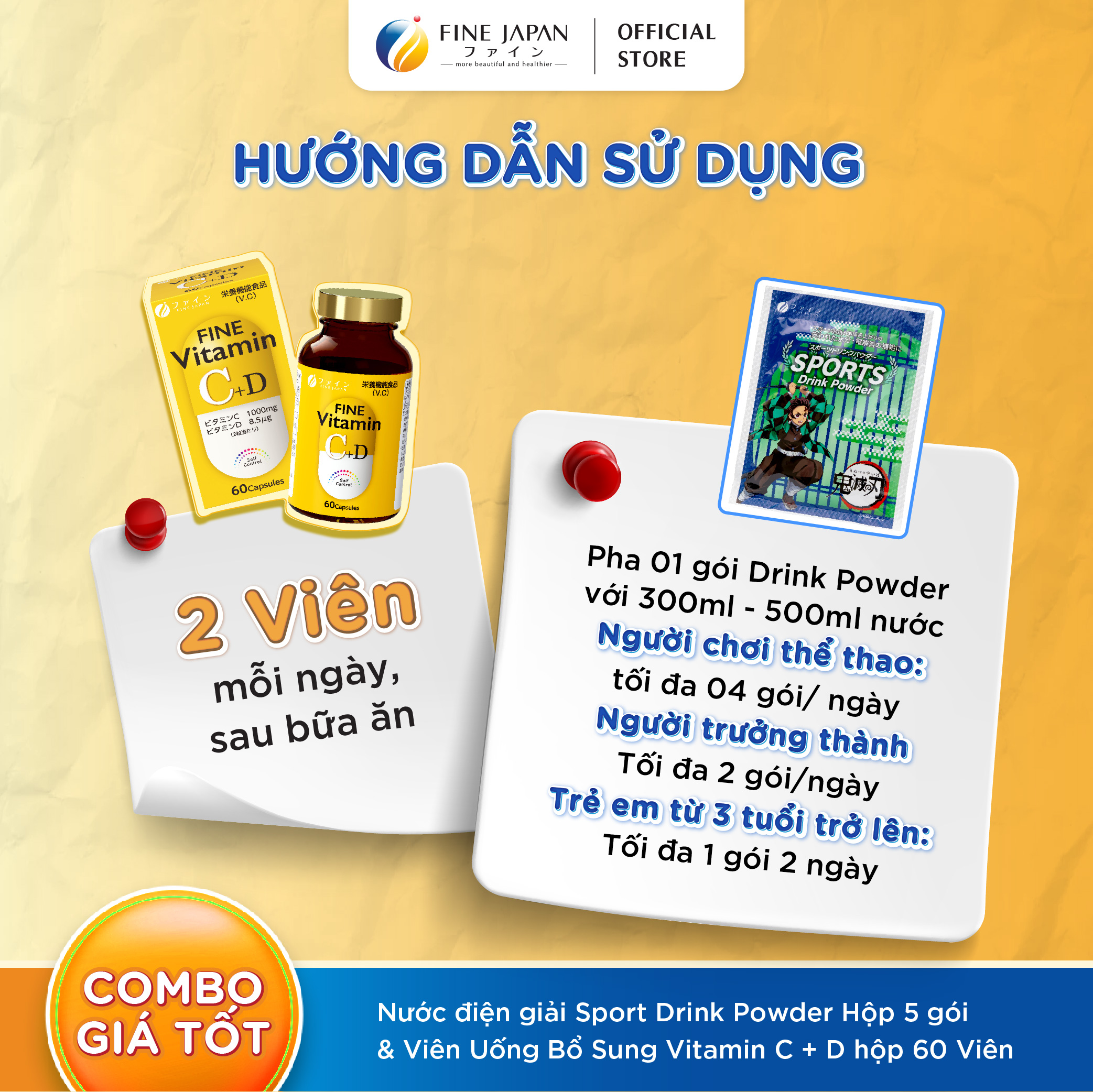 Combo Gấp đôi năng lượng cho ngày bận rộn FINE JAPAN - Nước điện giải Sport Drink Powder & Viên uống Vitamin C + D