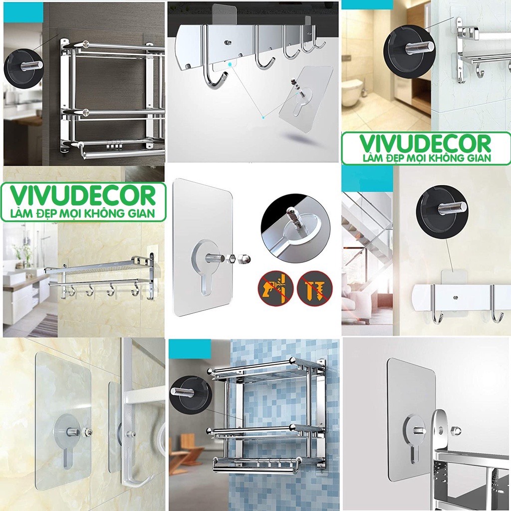 Móc Dán Tường Vivudecor Siêu Chịu Lực, Siêu Dính, Miếng Dán Tường Inox Có Ốc Vít Đa Năng 8x5 cm