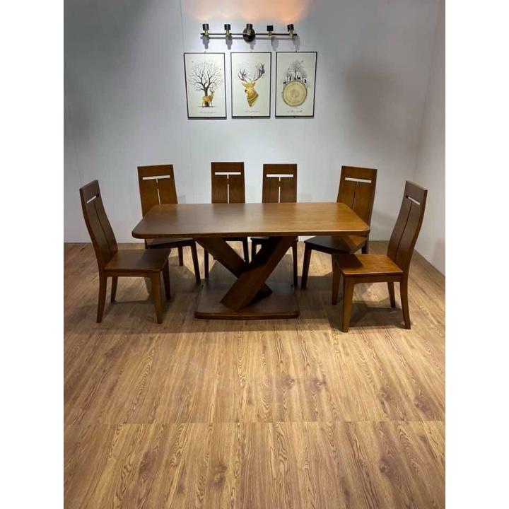 Bàn ăn 6 ghế gỗ sồi nga kiểu chân X