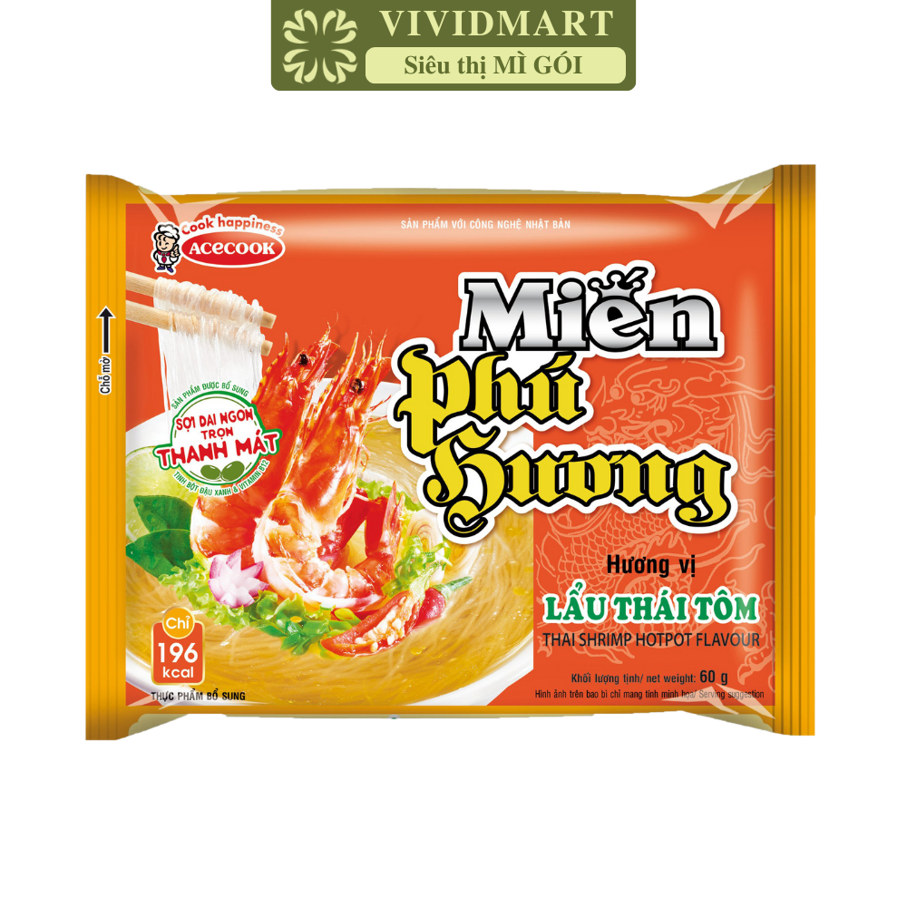 ACECOOK - Miến Phú Hương hương vị Lẩu thái tôm, Miến Phú Hương Lẩu thái tôm, Miến ăn liền Acecook (55g/gói)