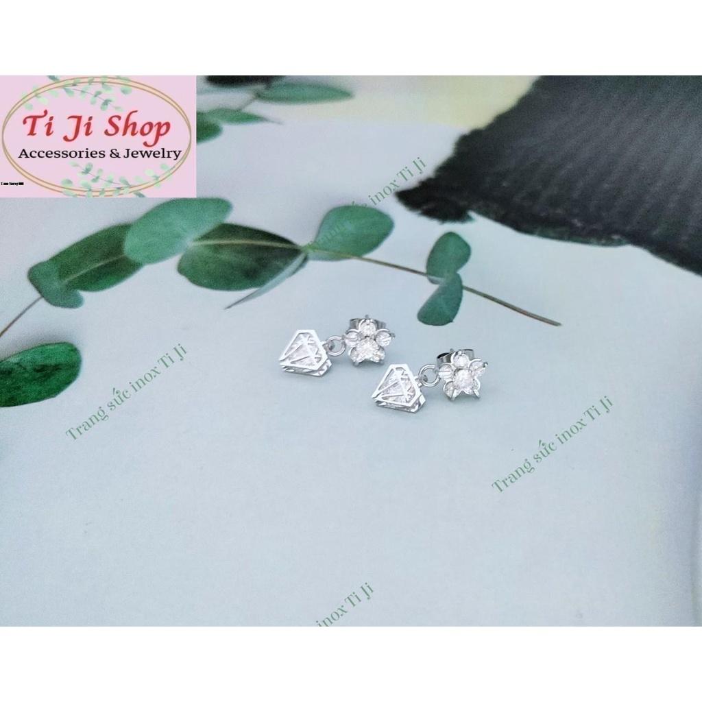 BÔNG TAI NỮ INOX HÌNH KIM CƯƠNG RỚT HOA MAI ĐÍNH ĐÁ CỰC XINH KHÔNG ĐEN